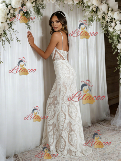 White Mermaid Lace Spaghetti Straps Wedding Dress