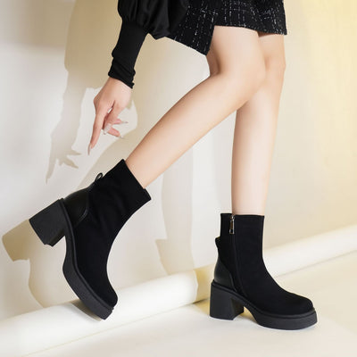 Thick Heel Stitching Side Zipper Booties