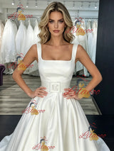 White Satin Straps Wedding Dress