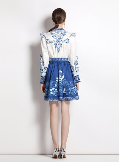 Printed Retro V-neck Lantern Sleeve Dress