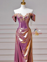 Pink Purple Off the Shoulder Beading Flower Prom Dress