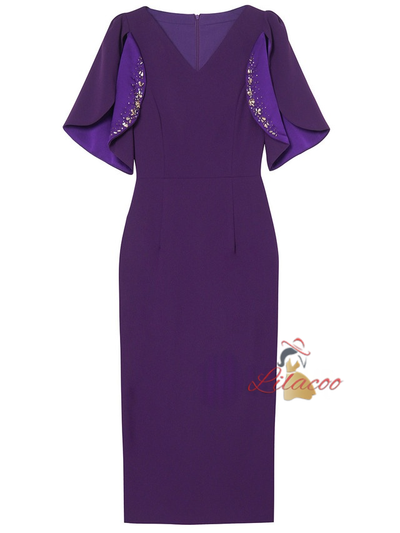 Purple Short Sleeve Beading Mother Of The Bride Dress