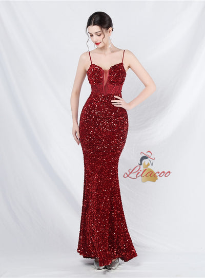 Mermaid Sequins Lace Spaghetti Straps Prom Dress