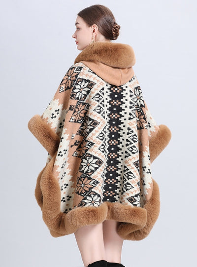 Hooded Knitted Loose Jacquard Cloak Shawl