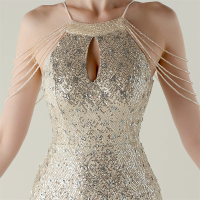 Mermaid Sequins Halter Beading Prom Dress