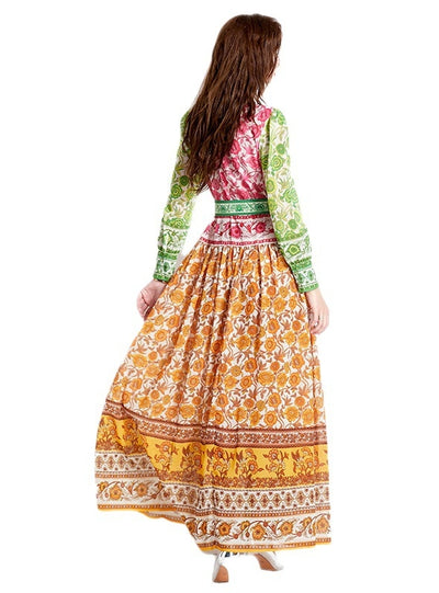 Long-sleeved Holiday Lantern Sleeve Printed Dress