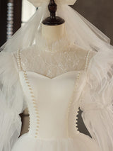 White Tulle Lace Long Sleeve Pearls Wedding Dress