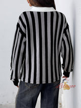 Vertical Striped Lapel Knitted Pullover Sweater