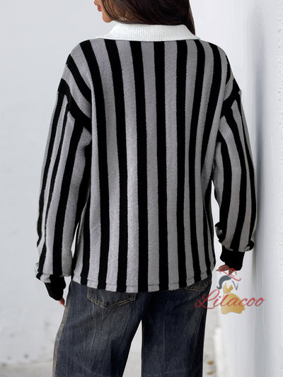 Vertical Striped Lapel Knitted Pullover Sweater