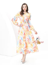 Retro Lace Lantern Sleeve Long Printed Dress