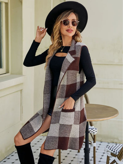 Long Sleeveless Jacquard Plaid Vest Sweater Coat
