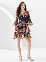 Printed Ruffled Short Flared Sleeve Dress
