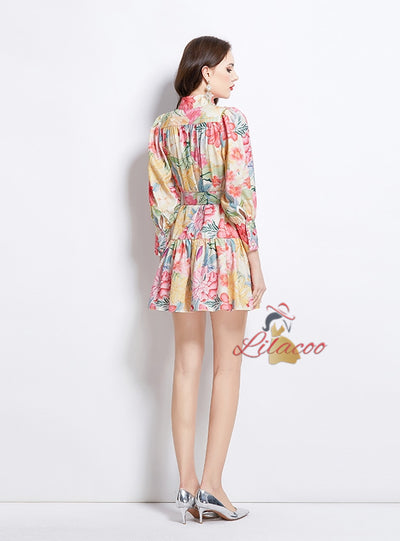 Lantern Sleeve Button Printed Short Dress