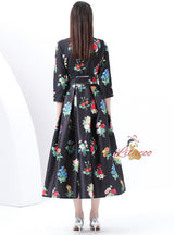 Vintage Printed V-neck Long Sleeves Dress