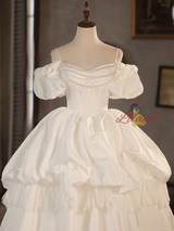 White Satin Lace Puff Sleeve Wedding Dress