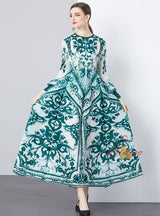 Ethnic Blue and White Porcelain Printed Pleated Dress