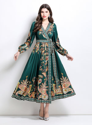 Retro Palace Printed V-neck Lantern Long Sleeve Dress