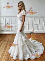 White Mermaid Lace Cap Sleeve V-neck Wedding Dress