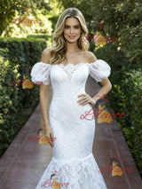 White Mermaid Lace Puff Sleeve Wedding Dress