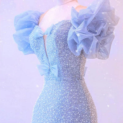 Blue Mermaid Sequins Bow Prom Dress