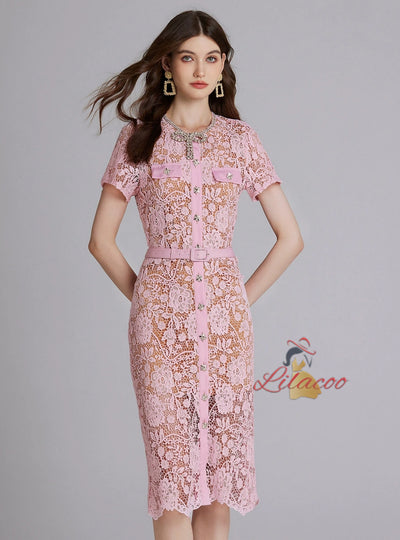 Heavy Lace Rhinestone Round Neck Dress