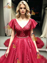 Burgundy Tulle V-neck Appliques prom Dress