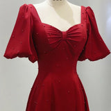 Burgundy Satin Puff Sleeve Pearls Prom Dress