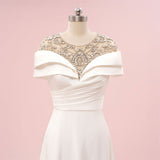 White Scoop Crystal Cap Sleeve Pleats Prom Dress