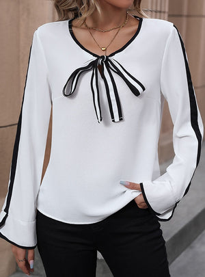Black and White Contrast Tie Bow Shirt