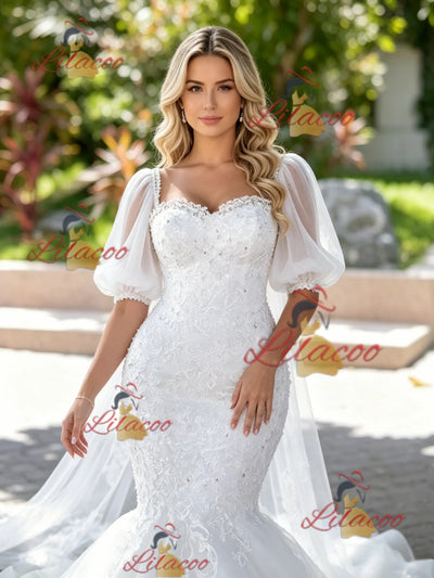 White Mermaid Tulle Appliques Puff Sleeve Wedding Dress