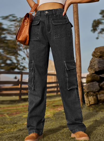 Washed Elastic Pocket Jeans Casual Pants