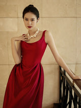 Burgundy Satin Straps Pleats Prom Dress