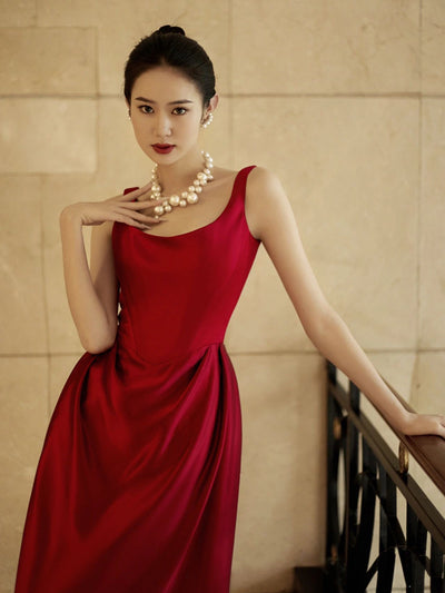 Burgundy Satin Straps Pleats Prom Dress