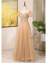 Champagne Tulle Short Sleeve Beading Prom Dress