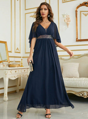 Navy Blue Chiffon V-neck Prom Dress
