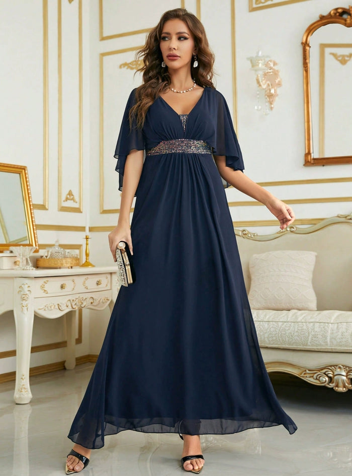 Navy Blue Chiffon V-neck Prom Dress