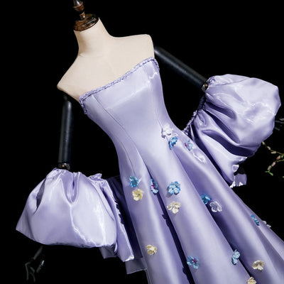 Purple Satin Strapless 3D Flower Prom Dress