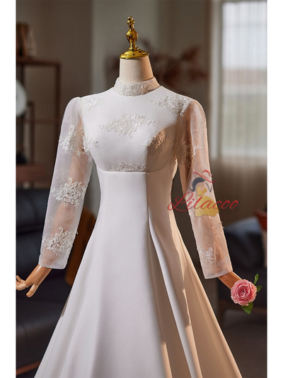 White Satin Long Sleeve High Neck Wedding Dress