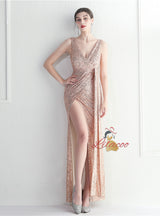 V-neck Sequins Beading Split Prom Dress