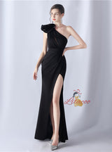 Mermaid One Shoulder Pleats Split Prom Dress