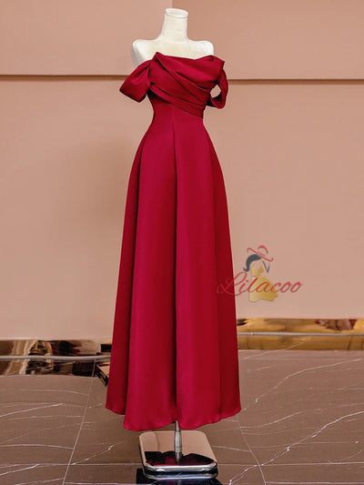 Burgundy Satin Pleats Prom Dress
