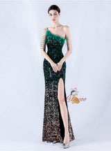 One Shoulder Mermaid Sequins Feather Split Prom Dress