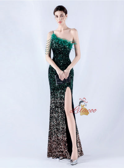 One Shoulder Mermaid Sequins Feather Split Prom Dress