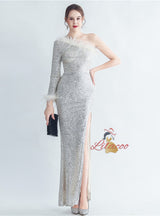 One Shoulder Long Sleeve Split Prom Dress