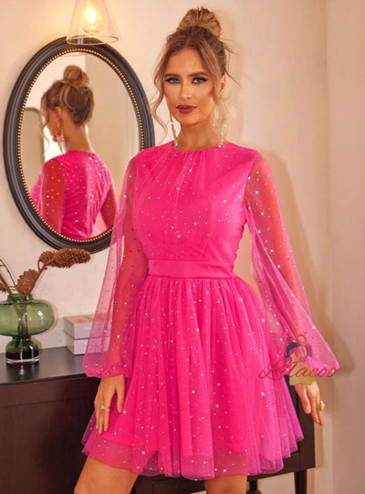 Lantern Sleeve Mesh Short Dress