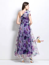 Oblique Shoulder Printed Gauze Dress