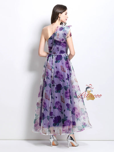 Oblique Shoulder Printed Gauze Dress