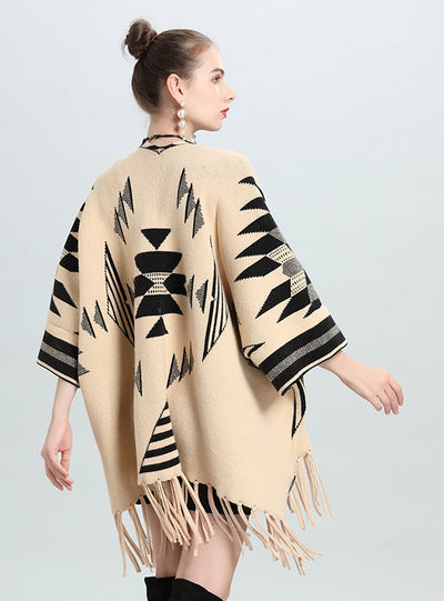 Loose Jacquard Knit Cardigan Fringed Shawl