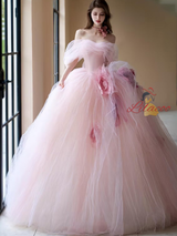 Pink Ball Gown Off the Shoulder 3D Flower Prom Dress
