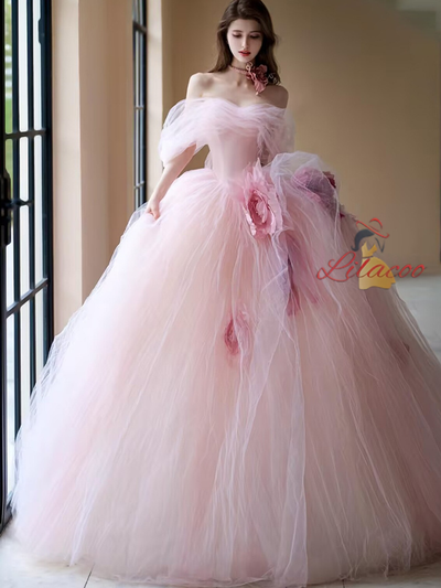 Pink Ball Gown Off the Shoulder 3D Flower Prom Dress